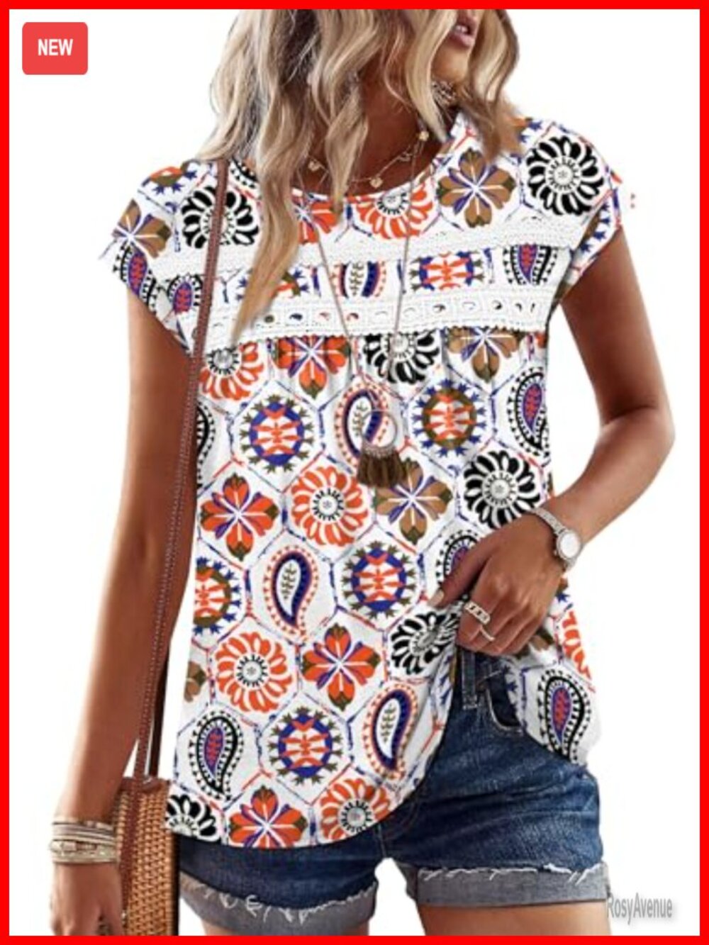 Women's Lace Crochet Cap Sleeve Crew Neck T-Shirt Loose Fit Summer Top